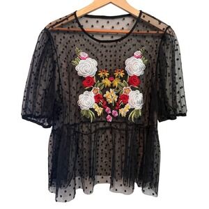 Sheer Black Mesh Floral Peplum Polka Dot Roses Puff Sleeve Top Whimsygoth XL/1X